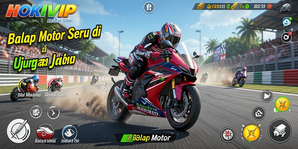 Tampilan antarmuka HOKIVIP dengan suasana balapan motor yang mendebarkan.