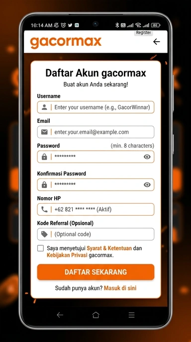 Cara Registrasi Akun gacormax untuk Pengguna Android